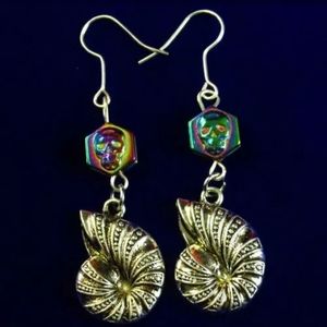 New Carved Hematite Skull & Silver Shell Earrings.